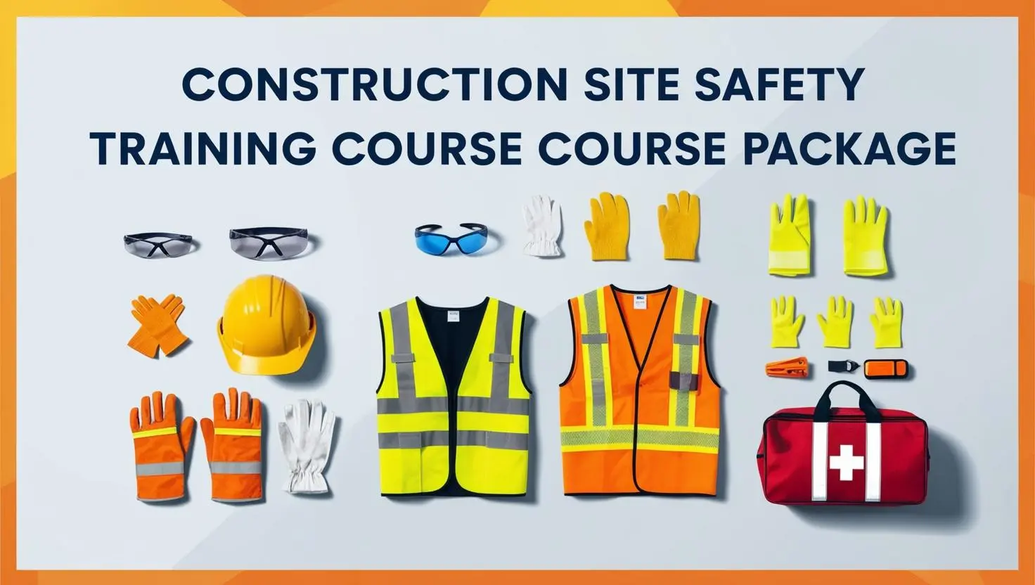 Explore our comprehensive construction safety course package featuring essential gear: hard hat, vests, gloves, goggles, and a first aid kit. Perfectly aligned with the site safety training guidelines, its displayed on a vibrant blue and orange background.