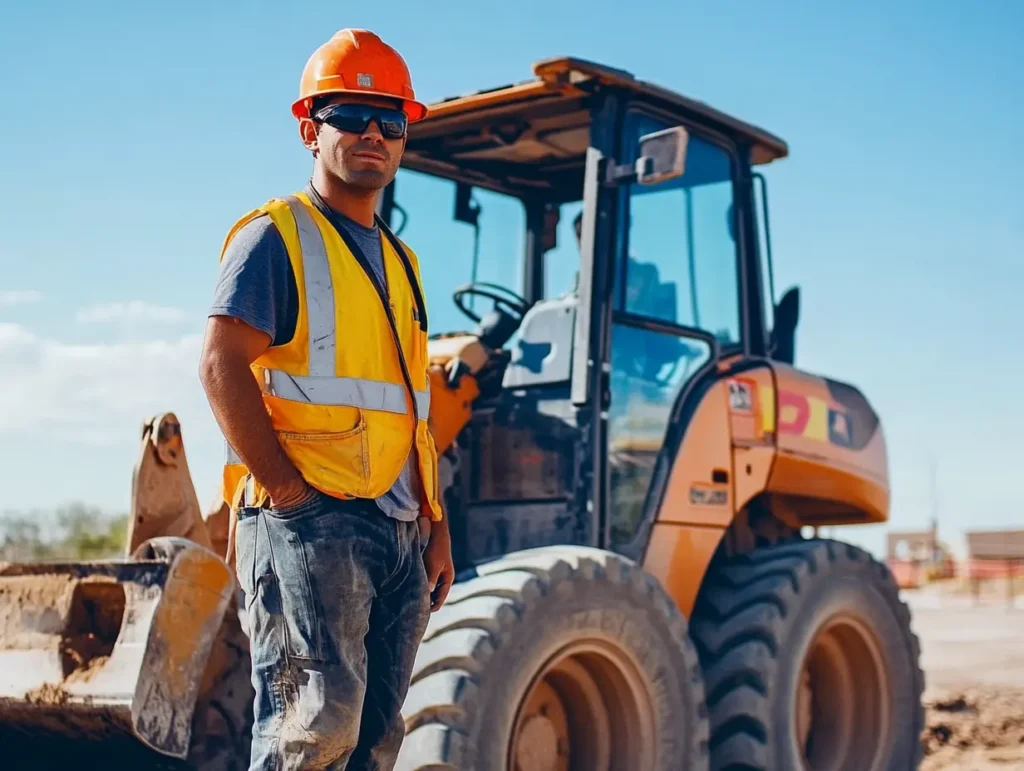 A construction worker in a safety vest and hard hat stands ready for engaging in hands-on skid steer training under the bright sun.