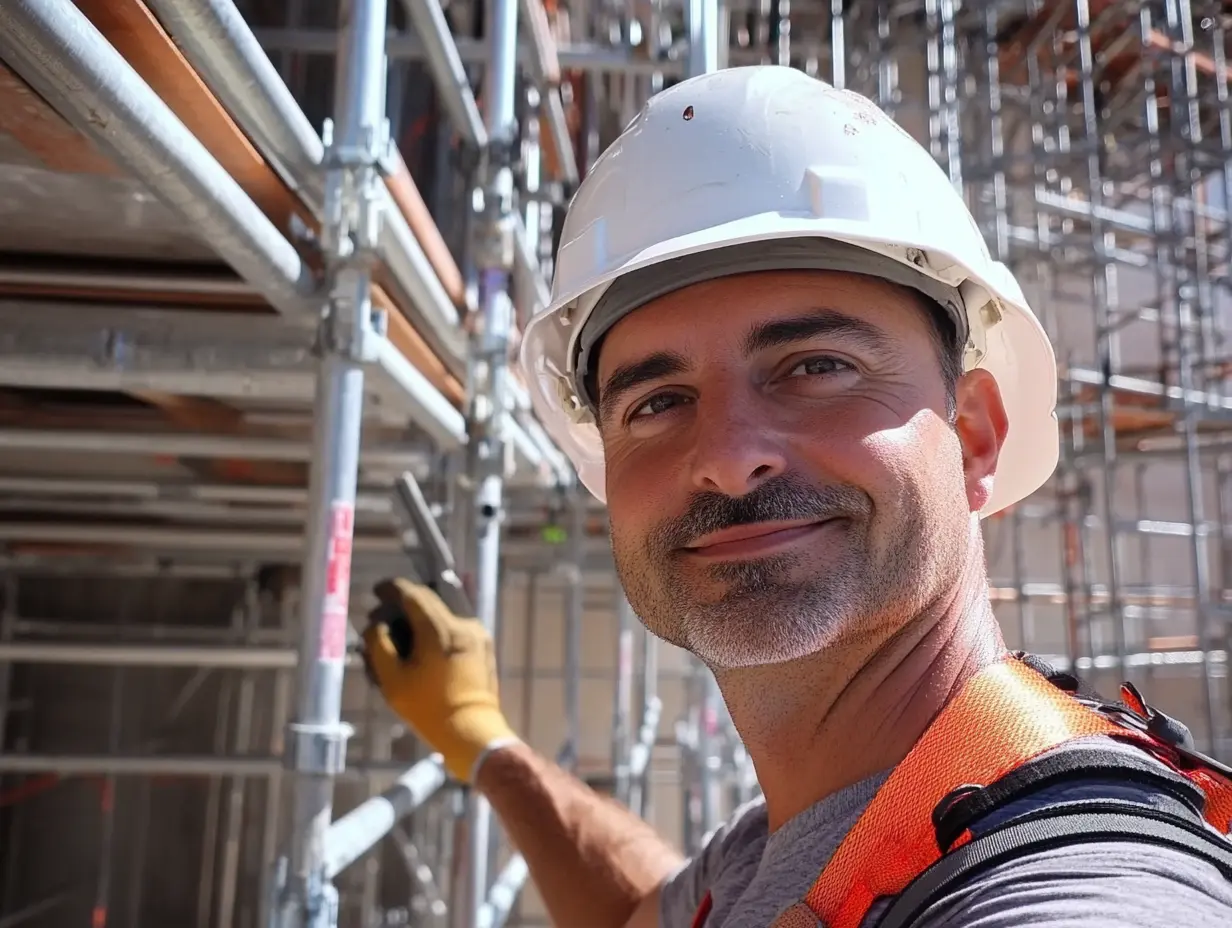 A construction worker in a white hard hat and orange harness smiles confidently, demonstrating his expertise as a Suspended Scaffold Supervisor while diligently working on the scaffold.