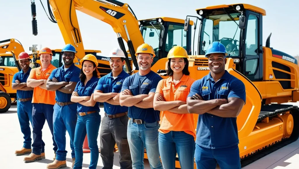 Workers from different industries behind heavy equipment to show who should take heavy equipment training courses