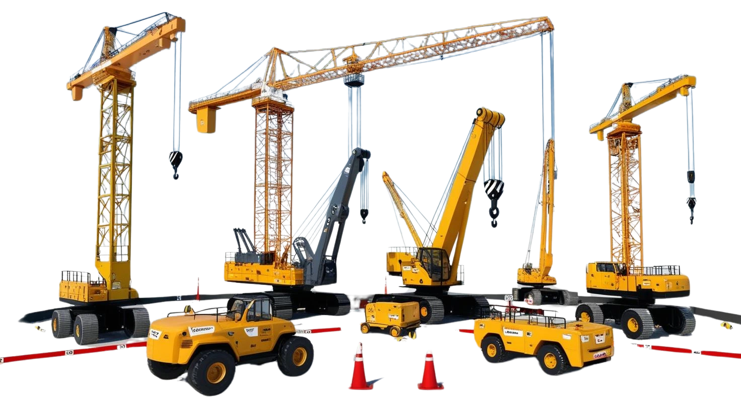 A collection of construction equipment featuring a crane and a rigging on a worksite