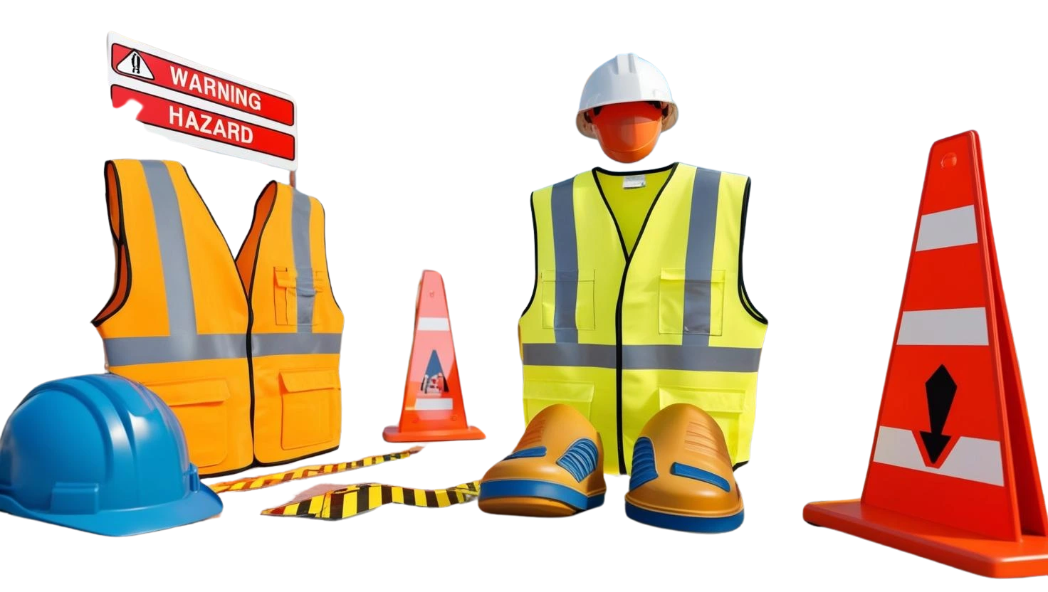 Different construction safety items such as safety vest, Safety cone, Hard hat, and steel toe boots