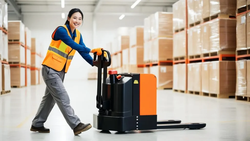 employee in a warehouse surrounded by pallets of boxes while using an electric pallet jack to improve productivity,