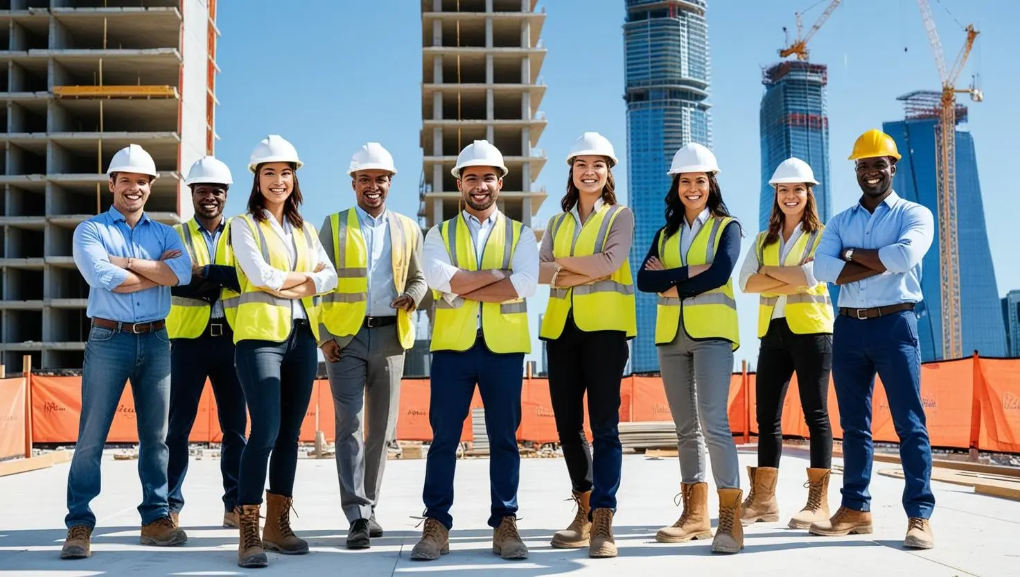 A group of supervisors wearing hard hats and yellow high visibility vest are gathered emphasizing to enforce osha safety regulations to keep all workers safe at a job site