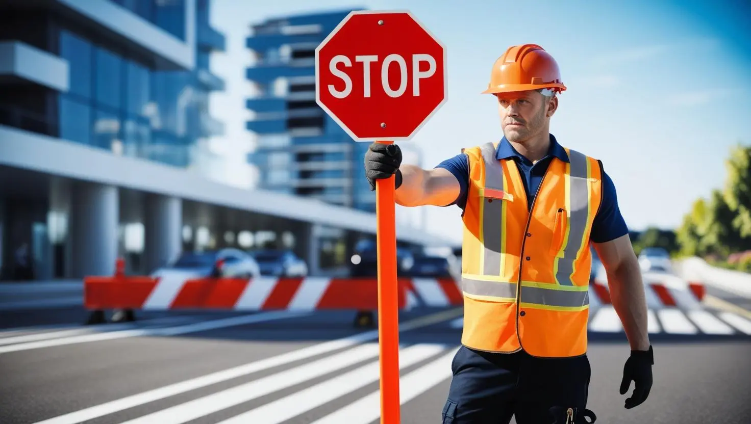 A Construction flagger worker wearing a orange vest stands holding a stop sign, directing traffic with a focused expression