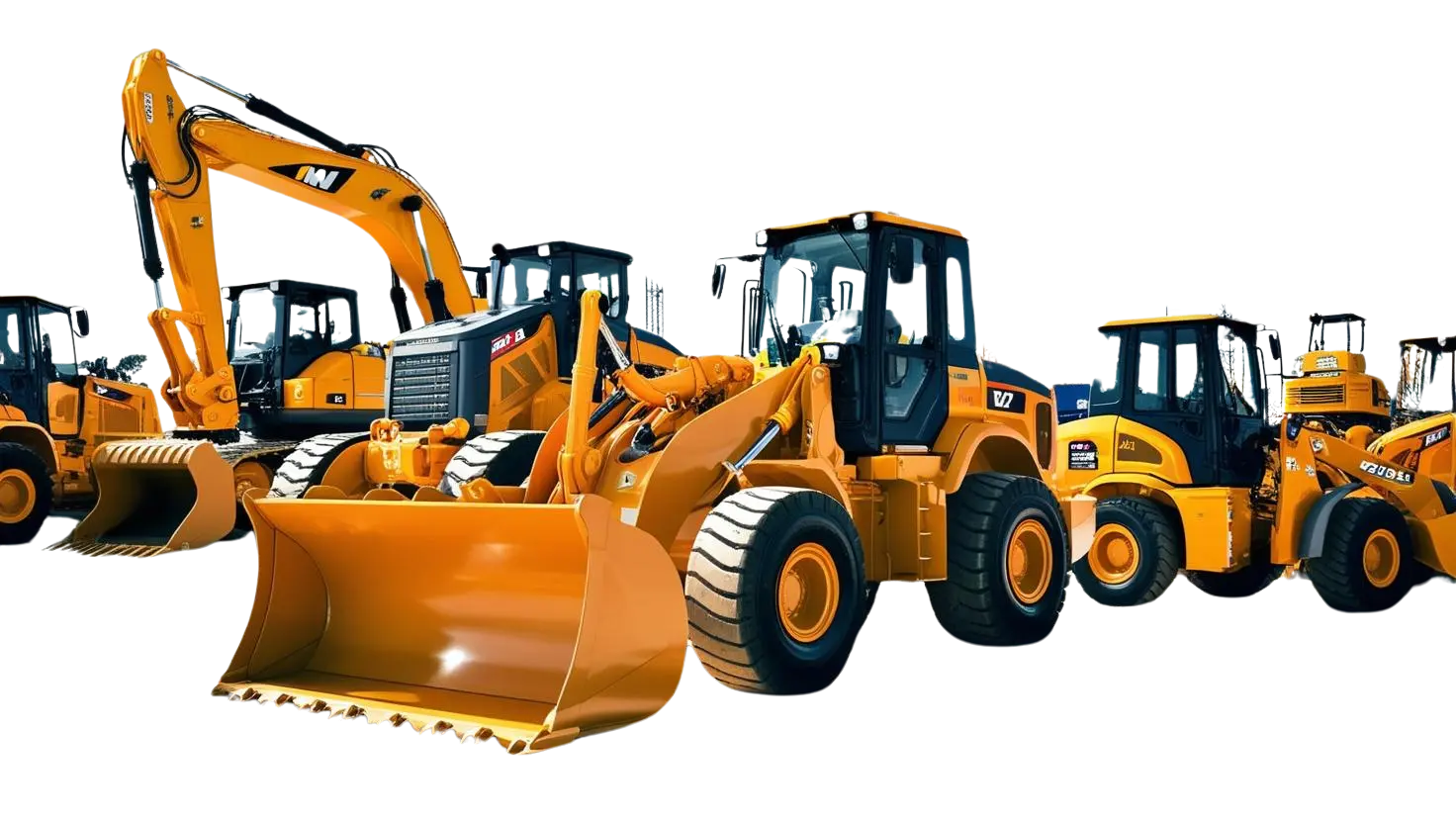 A row of heavy construction equipment, including excavators and bulldozers in vibrant yellow and black, displayed on a black background, ready for training.