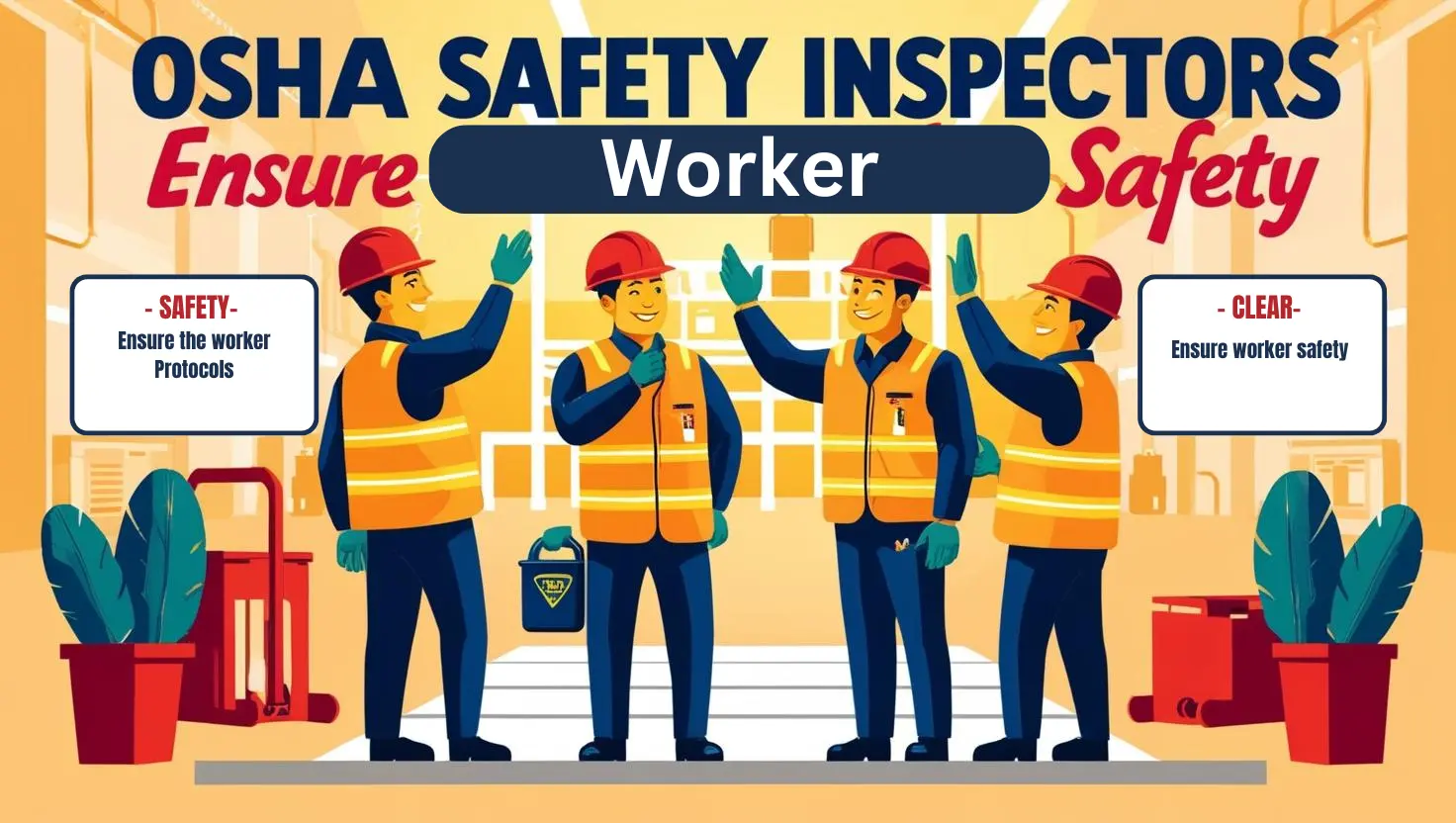 A group of OSHA safety inspector wearing a hard hat and safety vest is checking for potential hazards and ensuring compliance with safety regulations to protect worker safety