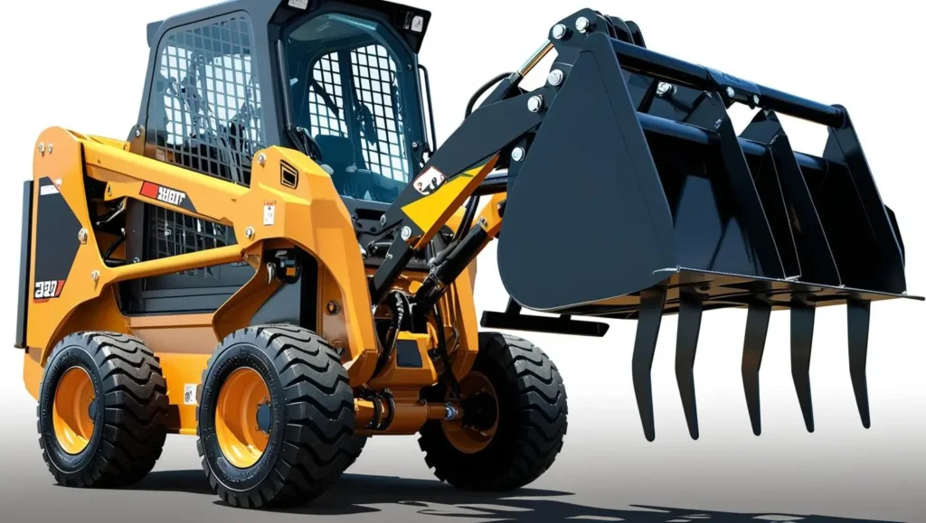 Skid Steer heavy machine with a grapple bucket attachment