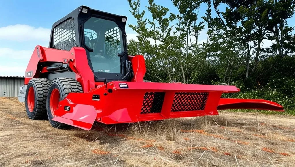 A skid steer with a flat brush cutter clearing overgrown vegetation