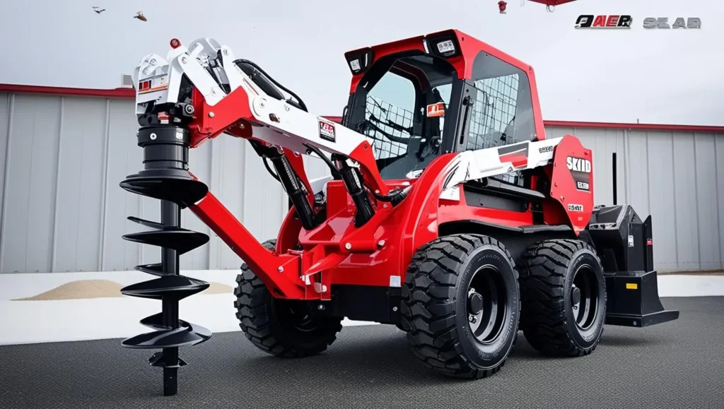 A skid steer loader equipped with a hydraulic auger, drilling a hole in the ground