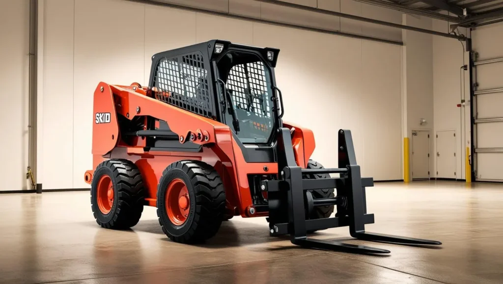 A compact skid steer loader equipped with pallet forks