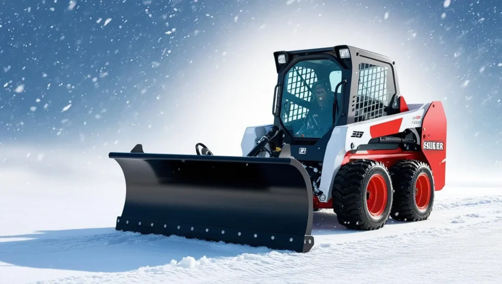 A skid steer with a snow blade clearing snow