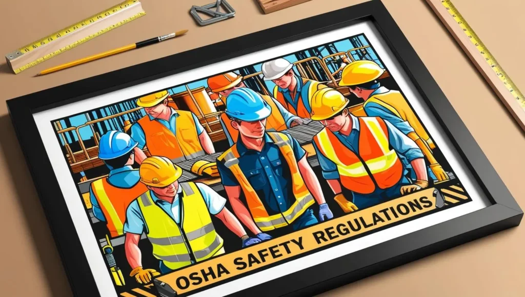 A photo frame with crew of construction workers in orange, white, and blue hard hats and safety vest with a banner that says OSHA Safety Regulations