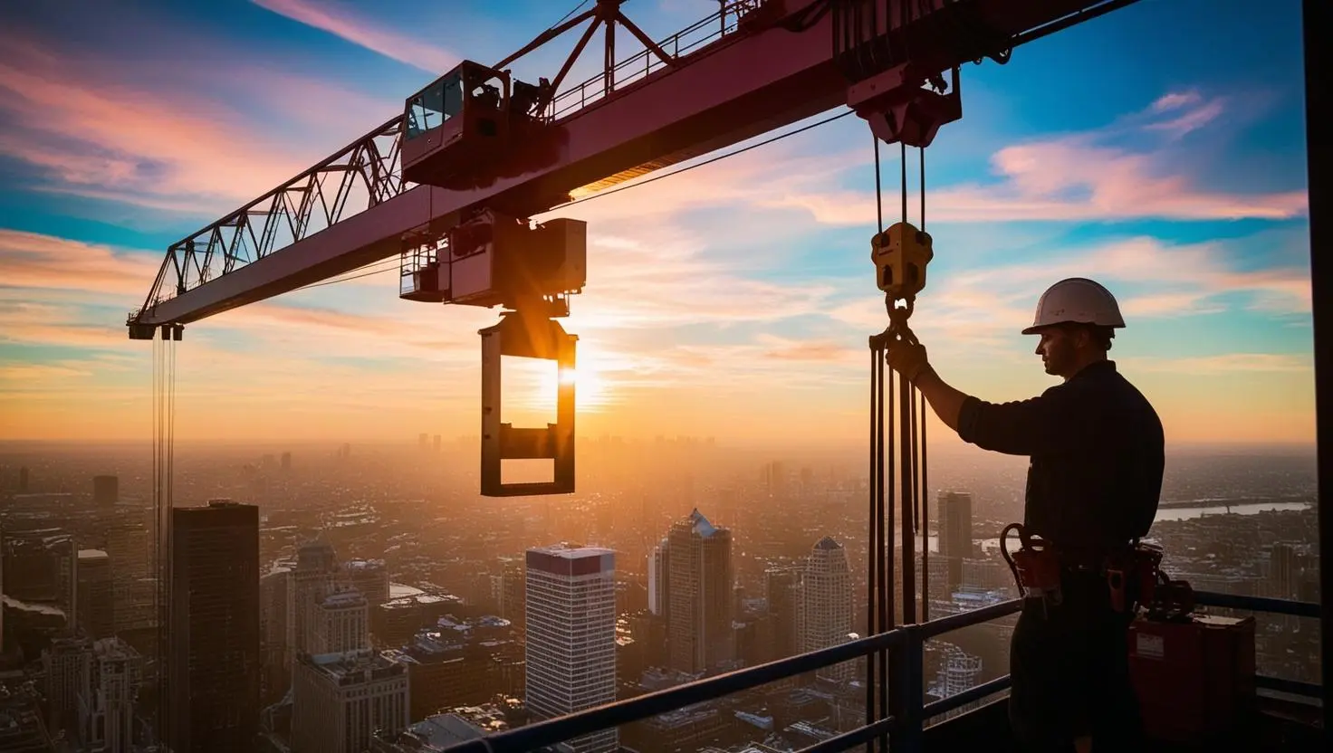 Construction worker looking at a cranes hook end. Background is looking at the tall buildings in a city.
